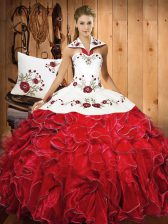 Graceful Halter Top Sleeveless Satin and Organza Sweet 16 Quinceanera Dress Embroidery and Ruffles Lace Up
