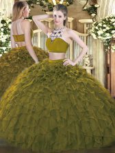  Floor Length Olive Green Ball Gown Prom Dress Tulle Sleeveless Beading and Ruffles