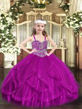 New Arrival Sleeveless Tulle Floor Length Lace Up Pageant Dress for Girls in Fuchsia with Beading and Ruffles