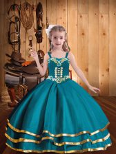 Glorious Floor Length Teal Little Girl Pageant Dress Straps Sleeveless Lace Up
