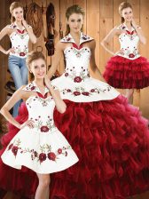 Eye-catching Wine Red Halter Top Lace Up Embroidery and Ruffled Layers Quince Ball Gowns Sleeveless