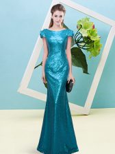  Teal Scoop Neckline Sequins Prom Dresses Cap Sleeves Zipper