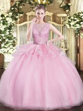 Luxury Baby Pink Ball Gowns Organza Scoop Sleeveless Lace Floor Length Backless Sweet 16 Dresses