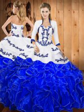 Adorable Blue And White Satin and Organza Lace Up Strapless Sleeveless Floor Length Ball Gown Prom Dress Embroidery and Ruffles