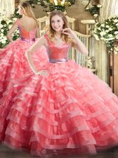  Watermelon Red V-neck Neckline Ruffled Layers 15th Birthday Dress Sleeveless Zipper