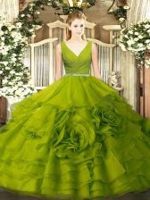 Fabulous Olive Green Ball Gowns Fabric With Rolling Flowers V-neck Sleeveless Beading Floor Length Zipper Quinceanera Gowns