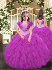 Excellent Straps Sleeveless Organza Little Girl Pageant Gowns Beading and Ruffles Lace Up