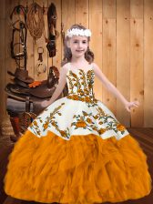 Unique Straps Sleeveless Zipper Little Girls Pageant Gowns Gold Organza