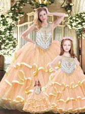  Peach Scoop Lace Up Beading and Ruffles Ball Gown Prom Dress Sleeveless