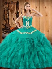  Turquoise Lace Up Sweetheart Embroidery and Ruffles Sweet 16 Dresses Satin and Organza Sleeveless