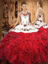  Ball Gowns Sweet 16 Quinceanera Dress Wine Red Halter Top Satin and Organza Sleeveless Floor Length Lace Up