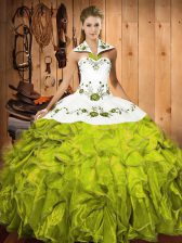  Olive Green Sleeveless Satin and Organza Lace Up Quinceanera Dress for Military Ball and Sweet 16 and Quinceanera