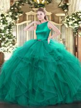 Stylish Scoop Sleeveless Sweet 16 Quinceanera Dress Floor Length Ruffles Turquoise Organza