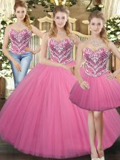 Dynamic Rose Pink Lace Up Sweetheart Beading Quinceanera Dresses Tulle Sleeveless
