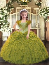  Olive Green Lace Up Straps Beading and Ruffles Girls Pageant Dresses Organza Sleeveless