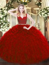 Inexpensive Red V-neck Neckline Beading and Ruffles Sweet 16 Dresses Sleeveless Zipper
