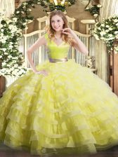 Attractive Floor Length Yellow Green Vestidos de Quinceanera Organza Sleeveless Ruffled Layers