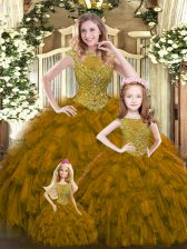 Edgy Brown Organza Lace Up Scoop Sleeveless Floor Length Quinceanera Dresses Beading and Ruffles