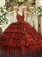 Glamorous Rust Red Organza Zipper V-neck Sleeveless Floor Length Vestidos de Quinceanera Beading and Ruffled Layers