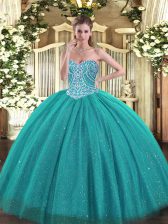 Amazing Turquoise Tulle Lace Up Sweet 16 Dress Sleeveless Floor Length Beading