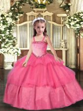 Eye-catching Hot Pink Sleeveless Appliques and Ruffled Layers Floor Length Little Girl Pageant Gowns