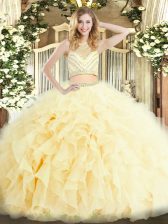New Arrival Light Yellow Two Pieces Beading and Ruffles Quinceanera Dresses Zipper Tulle Sleeveless Floor Length