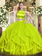 On Sale Sleeveless Tulle Floor Length Criss Cross Sweet 16 Quinceanera Dress in Yellow Green with Ruffles