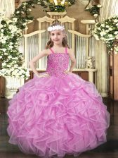 Nice Rose Pink Straps Lace Up Beading and Ruffles Kids Formal Wear Sleeveless