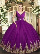 Excellent V-neck Sleeveless Backless 15th Birthday Dress Eggplant Purple Tulle
