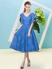 Simple Empire Court Dresses for Sweet 16 Blue V-neck Lace Half Sleeves Tea Length Lace Up