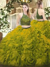 Trendy Olive Green Halter Top Neckline Beading and Ruffles Quinceanera Gown Sleeveless Zipper