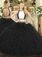  Black Tulle Backless Halter Top Sleeveless Floor Length 15 Quinceanera Dress Ruffles