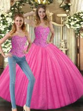 Fabulous Sleeveless Tulle Floor Length Lace Up Quinceanera Dresses in Hot Pink with Beading