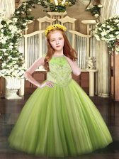  Yellow Green Sleeveless Floor Length Beading Zipper Girls Pageant Dresses