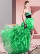 Dramatic Green Sleeveless High Low Beading and Ruffles Lace Up Prom Dresses