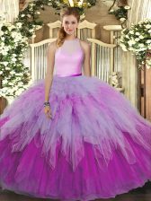  Multi-color Ball Gowns Organza High-neck Sleeveless Ruffles Floor Length Backless 15th Birthday Dress