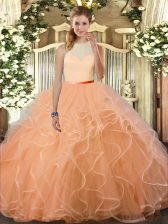 On Sale High-neck Sleeveless Backless Sweet 16 Quinceanera Dress Peach Tulle