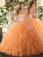  Sleeveless Tulle Floor Length Lace Up Ball Gown Prom Dress in Orange with Ruffles