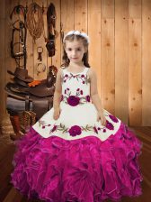 Discount Organza Straps Sleeveless Lace Up Embroidery and Ruffles Little Girl Pageant Gowns in Fuchsia