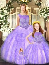  Lavender Ball Gowns Beading and Ruffles Quince Ball Gowns Lace Up Organza Sleeveless Floor Length
