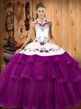 Dazzling Sleeveless Embroidery and Ruffled Layers Lace Up 15 Quinceanera Dress with Eggplant Purple Sweep Train