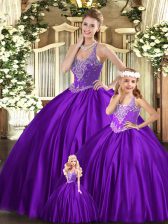Graceful Purple Straps Neckline Beading Sweet 16 Quinceanera Dress Sleeveless Lace Up