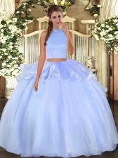 Super Light Blue Organza Backless Halter Top Sleeveless Floor Length 15 Quinceanera Dress Beading