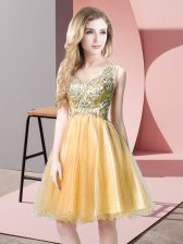  Gold Empire Beading Evening Dress Zipper Tulle Sleeveless Knee Length