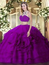  Floor Length Fuchsia Quinceanera Dress High-neck Sleeveless Backless
