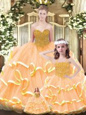 Amazing Floor Length Lace Up Quinceanera Gowns Orange for Military Ball and Sweet 16 and Quinceanera with Beading and Ruffled Layers