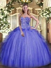  Floor Length Lace Up 15 Quinceanera Dress Blue for Military Ball and Sweet 16 and Quinceanera with Beading and Ruffles