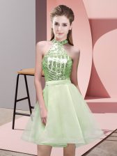 Charming Mini Length Yellow Green Court Dresses for Sweet 16 Halter Top Sleeveless Backless