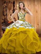 Glittering Sweetheart Sleeveless Quinceanera Dresses Floor Length Embroidery and Ruffles Yellow Satin and Organza