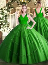 Shining V-neck Sleeveless Zipper 15 Quinceanera Dress Green Tulle